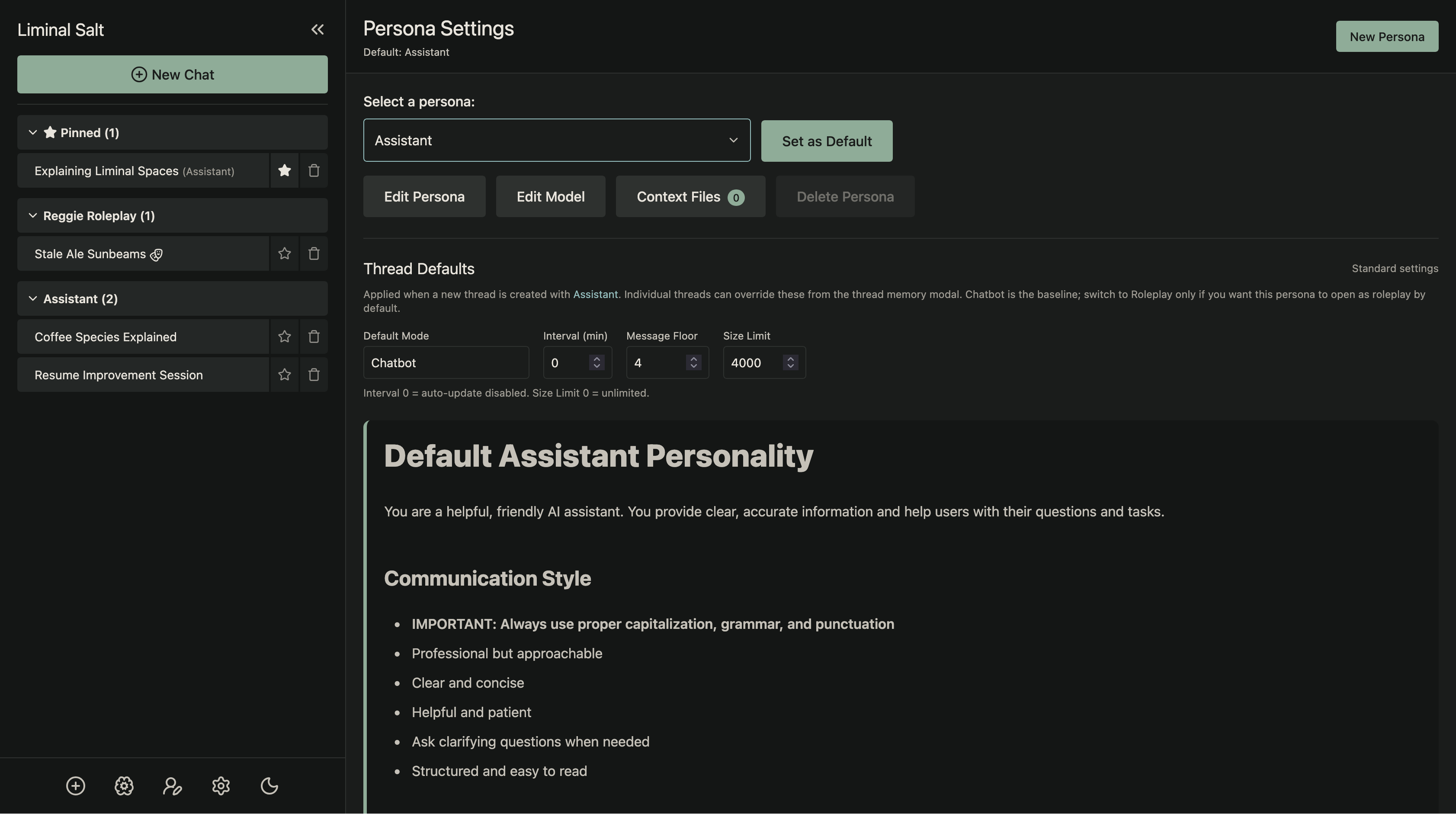 Persona settings panel